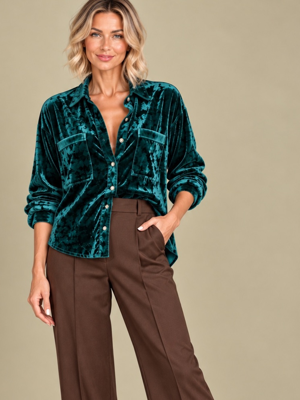 Indigo Rose Deep Teal Crushed Velvet Button-Down Oversized Shirt 1XL